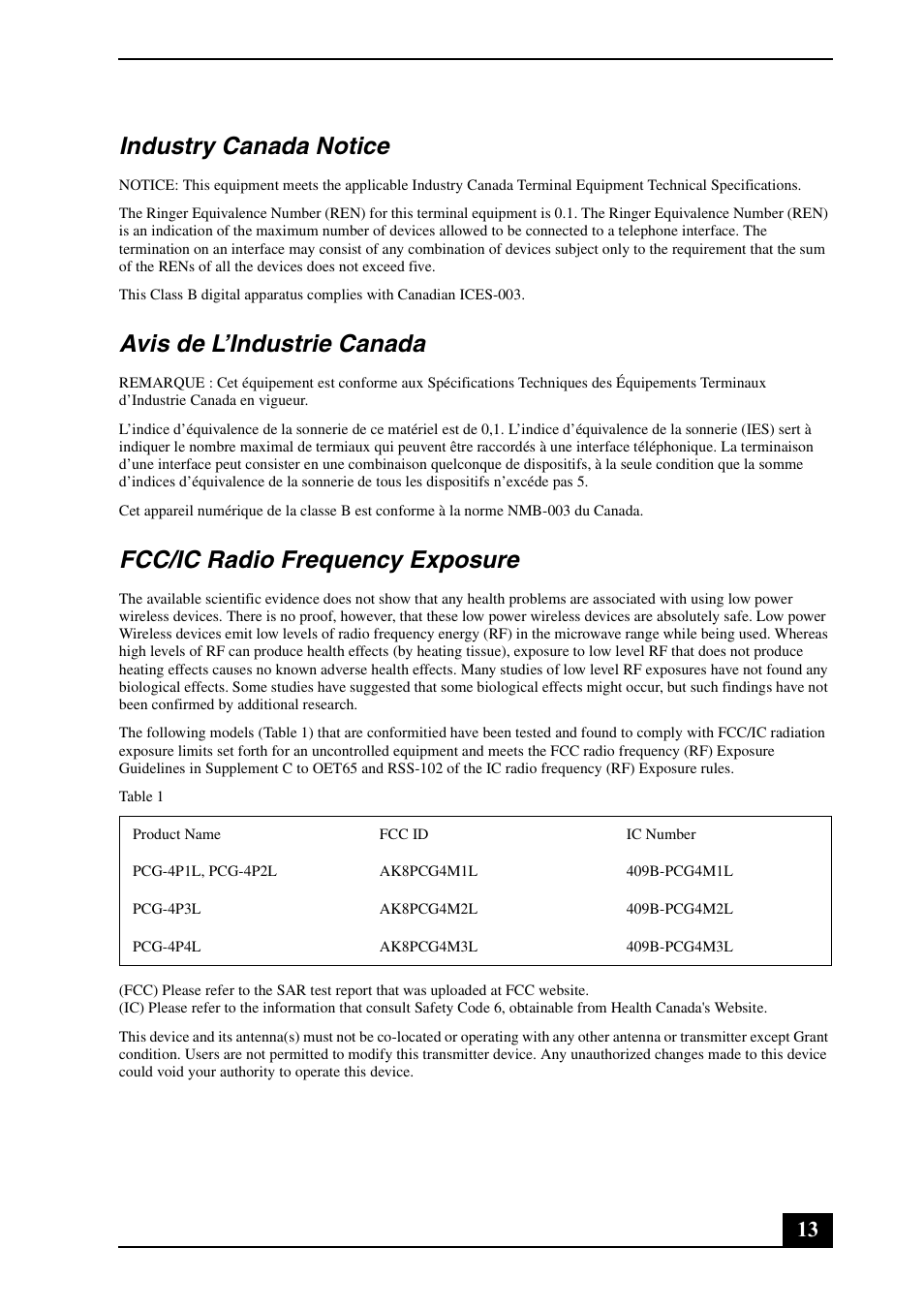 Industry canada notice, Avis de l’industrie canada, Fcc/ic radio frequency exposure | Sony VAIO VGN-TZ300 User Manual | Page 13 / 24