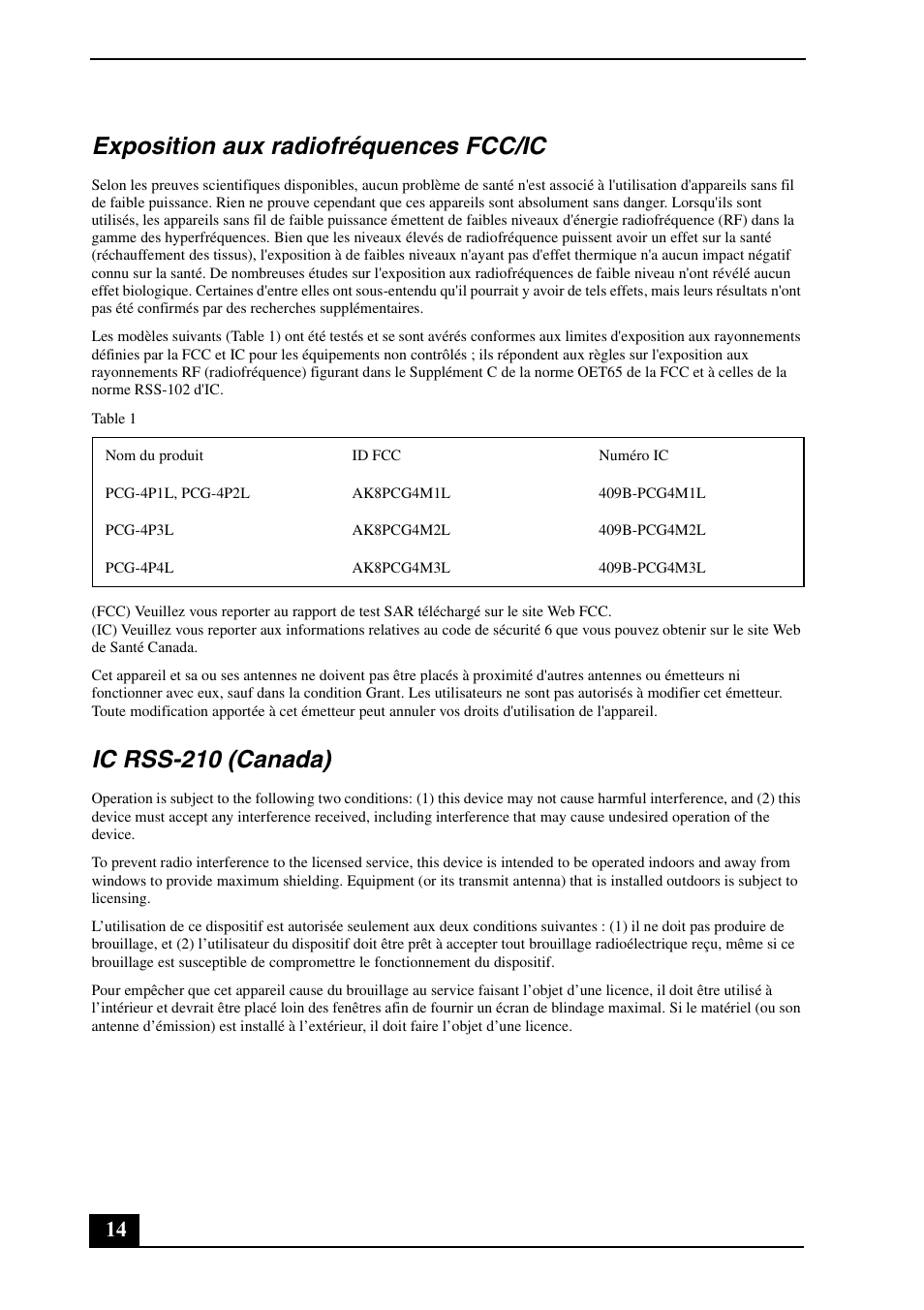 Exposition aux radiofréquences fcc/ic, Ic rss-210 (canada) | Sony VAIO VGN-TZ300 User Manual | Page 14 / 24