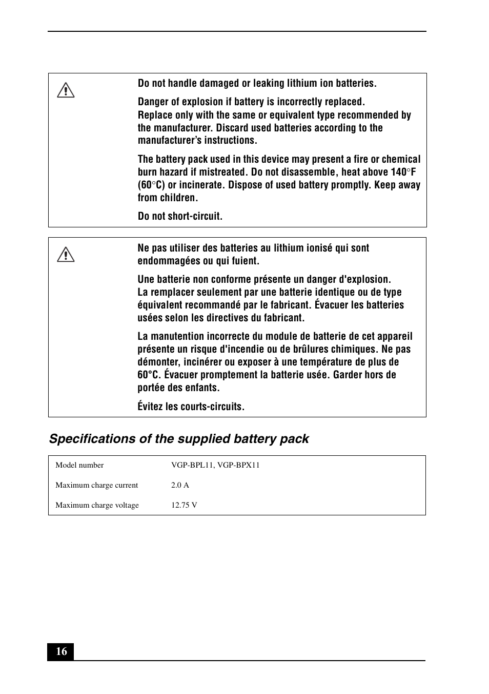 Specifications of the supplied battery pack | Sony VAIO VGN-TZ300 User Manual | Page 16 / 24