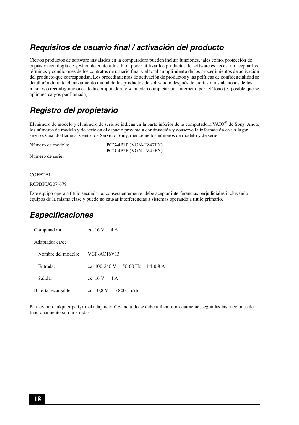 Registro del propietario, Especificaciones | Sony VAIO VGN-TZ300 User Manual | Page 18 / 24