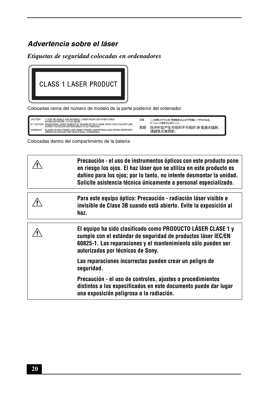 Advertencia sobre el láser | Sony VAIO VGN-TZ300 User Manual | Page 20 / 24