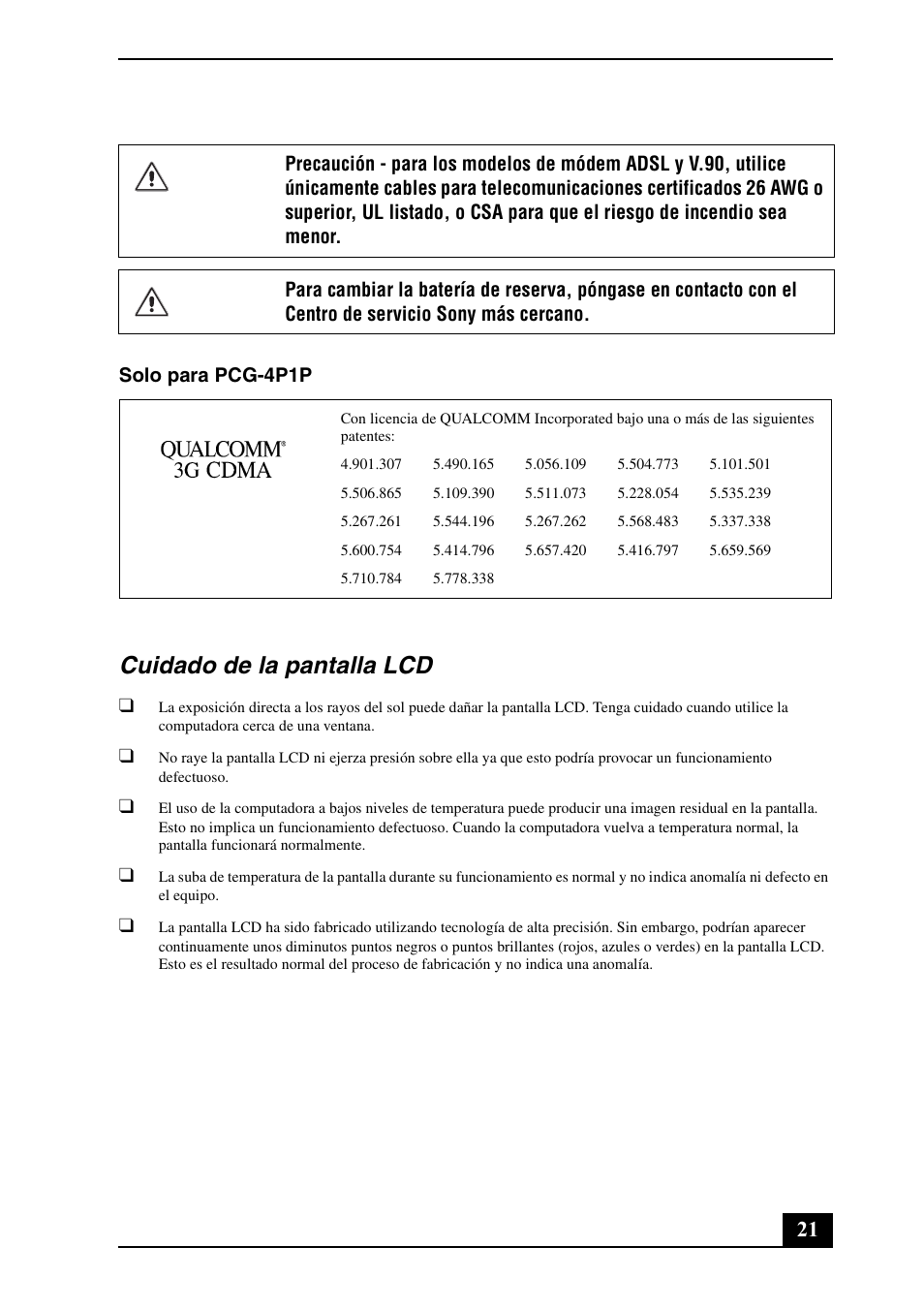 Cuidado de la pantalla lcd | Sony VAIO VGN-TZ300 User Manual | Page 21 / 24