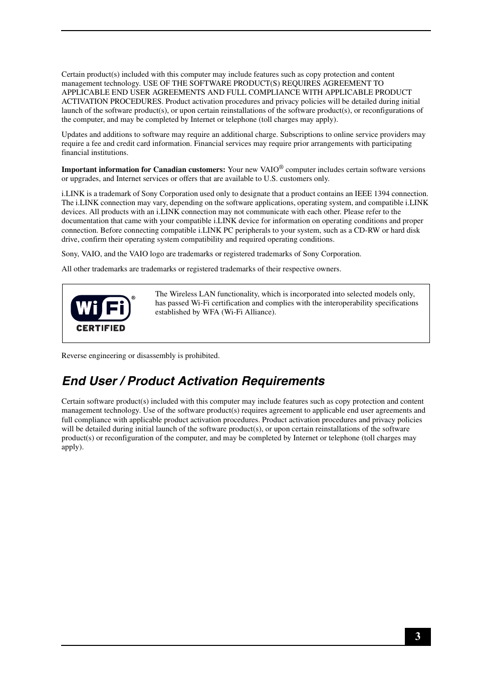 End user / product activation requirements | Sony VAIO VGN-TZ300 User Manual | Page 3 / 24