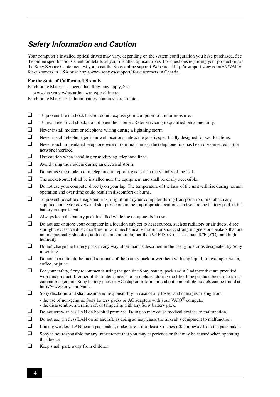 Safety information and caution | Sony VAIO VGN-TZ300 User Manual | Page 4 / 24