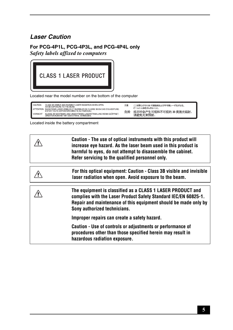 Laser caution | Sony VAIO VGN-TZ300 User Manual | Page 5 / 24