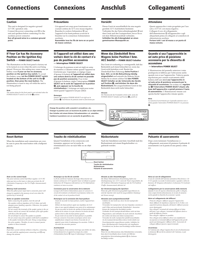 Connections connexions anschluß collegamenti, Caution, Précautions | Vorsicht, Attenzione, Reset button, Rücksetztaste, Pulsante di azzeramento, Touche de réinitialisation | Sony CDX-C610RDS User Manual | Page 3 / 4