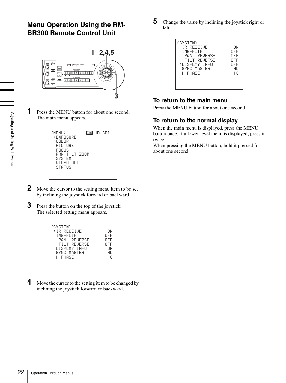 Menu operation using the rm-br300 remote, Control unit, Press the menu button for about one second | Sony BRC-Z330 User Manual | Page 22 / 73