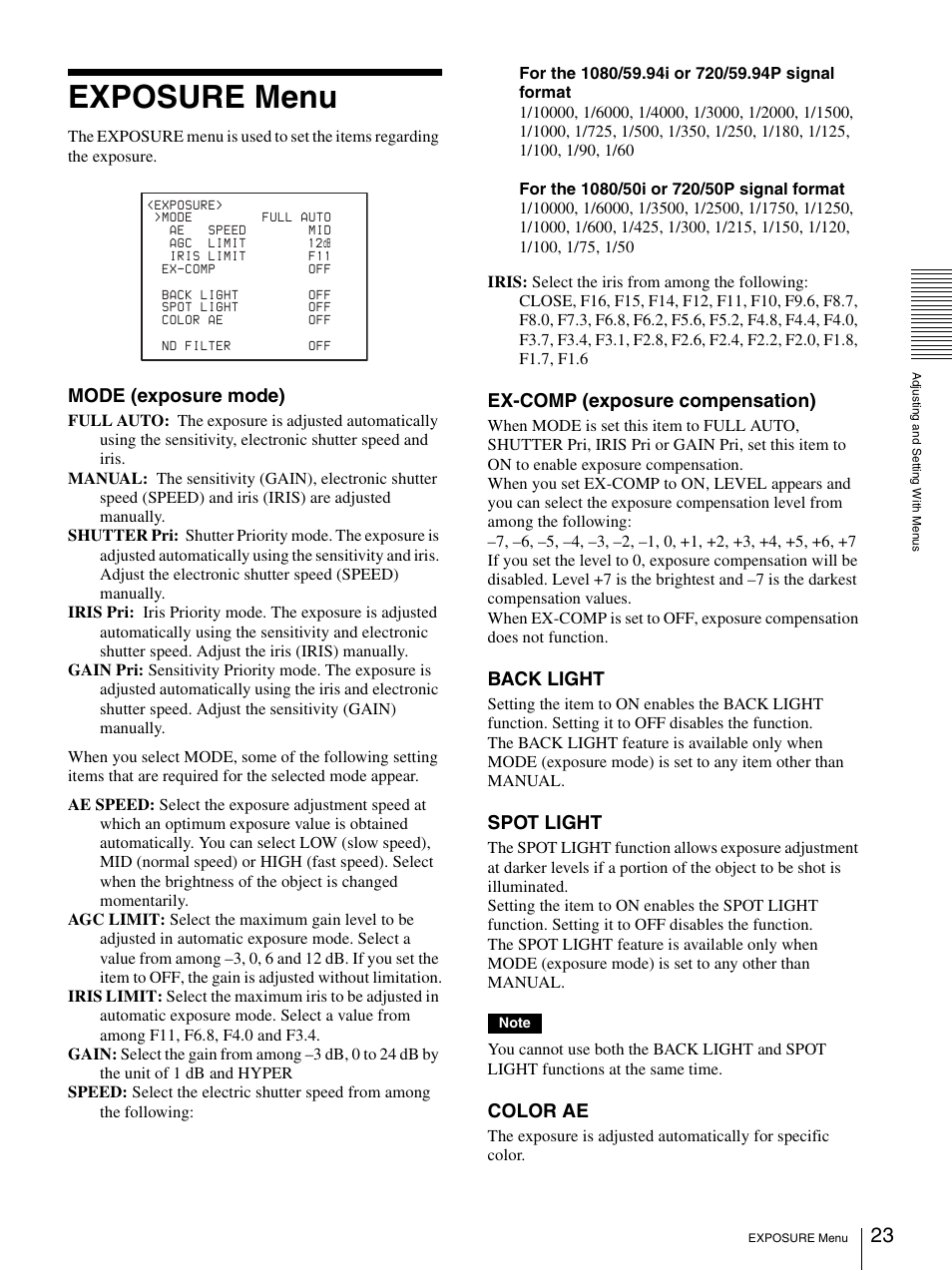 Exposure menu, Mode (exposure mode), Ex-comp (exposure compensation) | Back light, Spot light, Color ae | Sony BRC-Z330 User Manual | Page 23 / 73