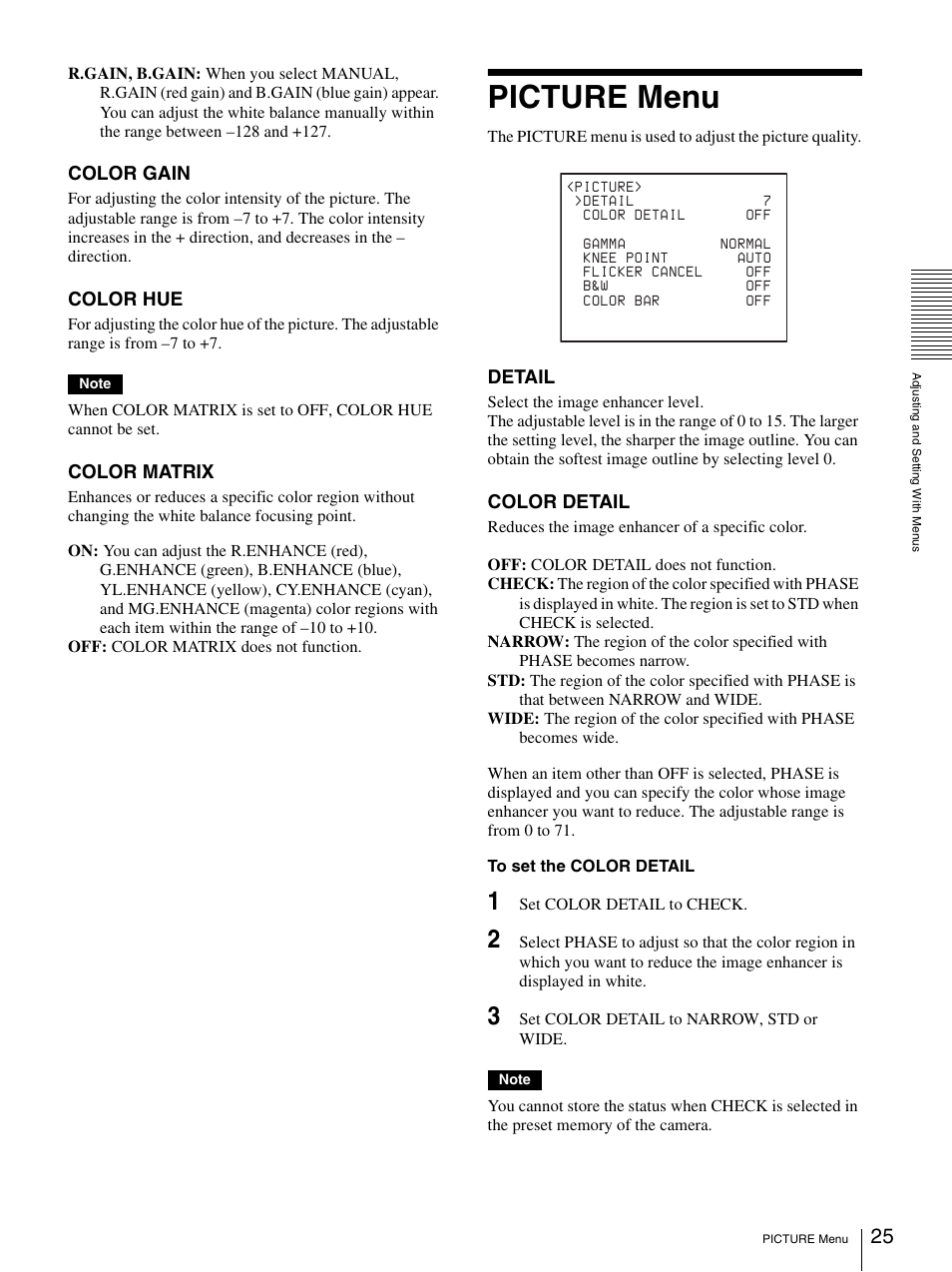 Picture menu, Color gain, Color hue | Color matrix, Detail, Color detail | Sony BRC-Z330 User Manual | Page 25 / 73