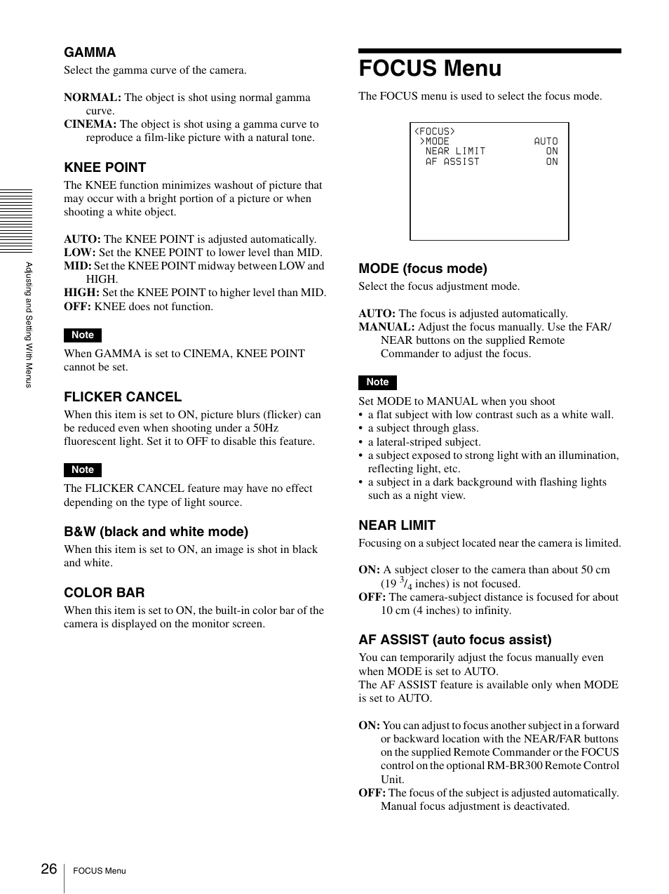 Focus menu, Gamma, Knee point | Flicker cancel, B&w (black and white mode), Color bar, Mode (focus mode), Near limit, Af assist (auto focus assist) | Sony BRC-Z330 User Manual | Page 26 / 73