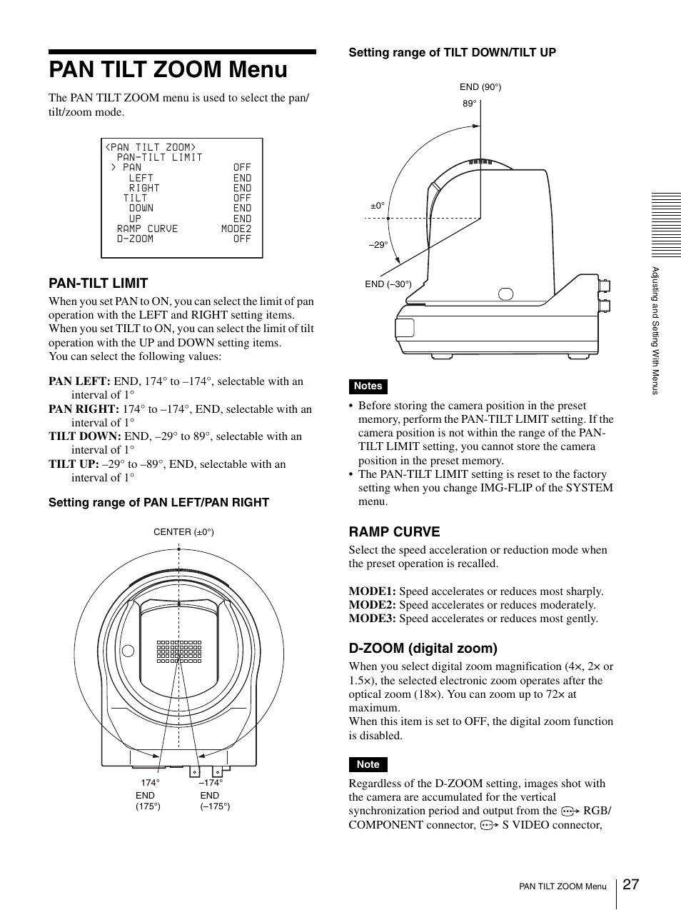 Pan tilt zoom menu, Pan-tilt limit, Ramp curve | D-zoom (digital zoom) | Sony BRC-Z330 User Manual | Page 27 / 73
