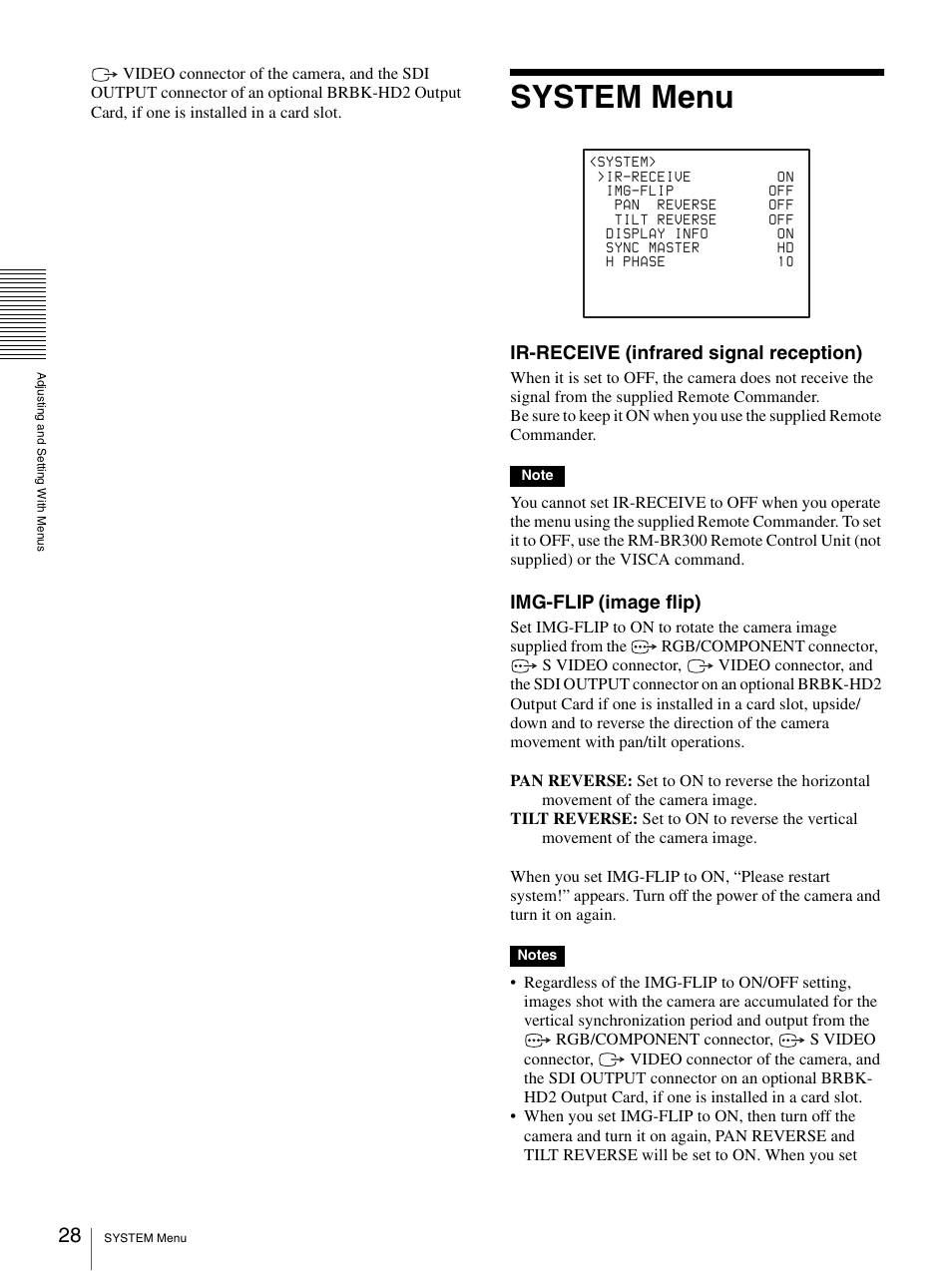 System menu, Ir-receive (infrared signal reception), Img-flip | Image flip) | Sony BRC-Z330 User Manual | Page 28 / 73