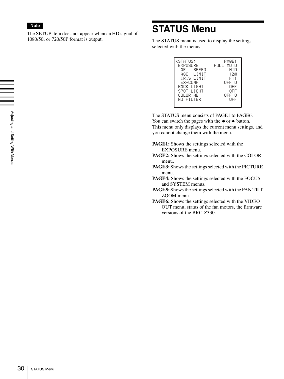 Status menu | Sony BRC-Z330 User Manual | Page 30 / 73