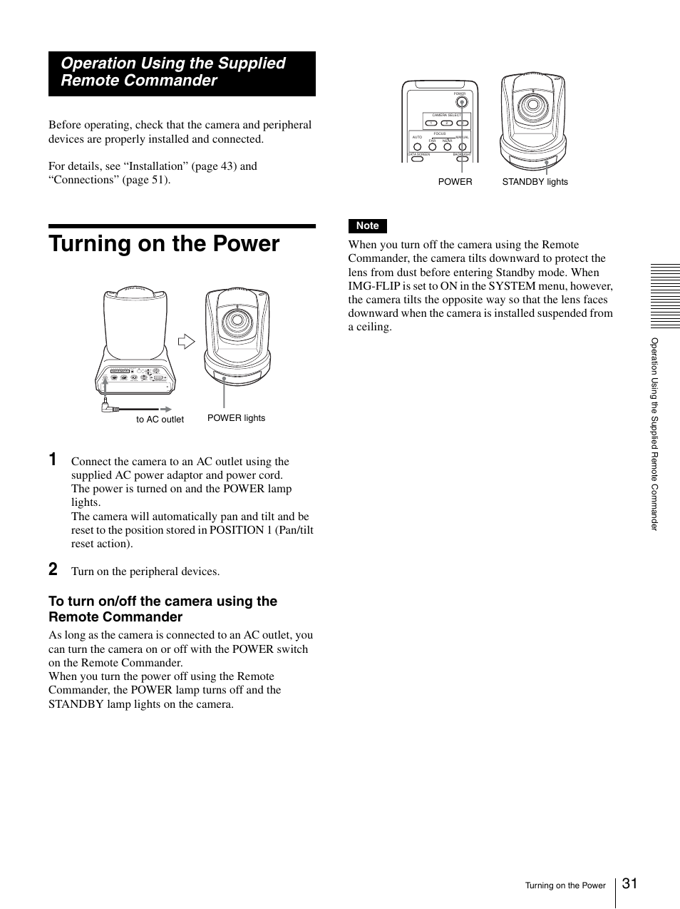 Operation using the supplied remote commander, Turning on the power, Turn on the peripheral devices | Sony BRC-Z330 User Manual | Page 31 / 73