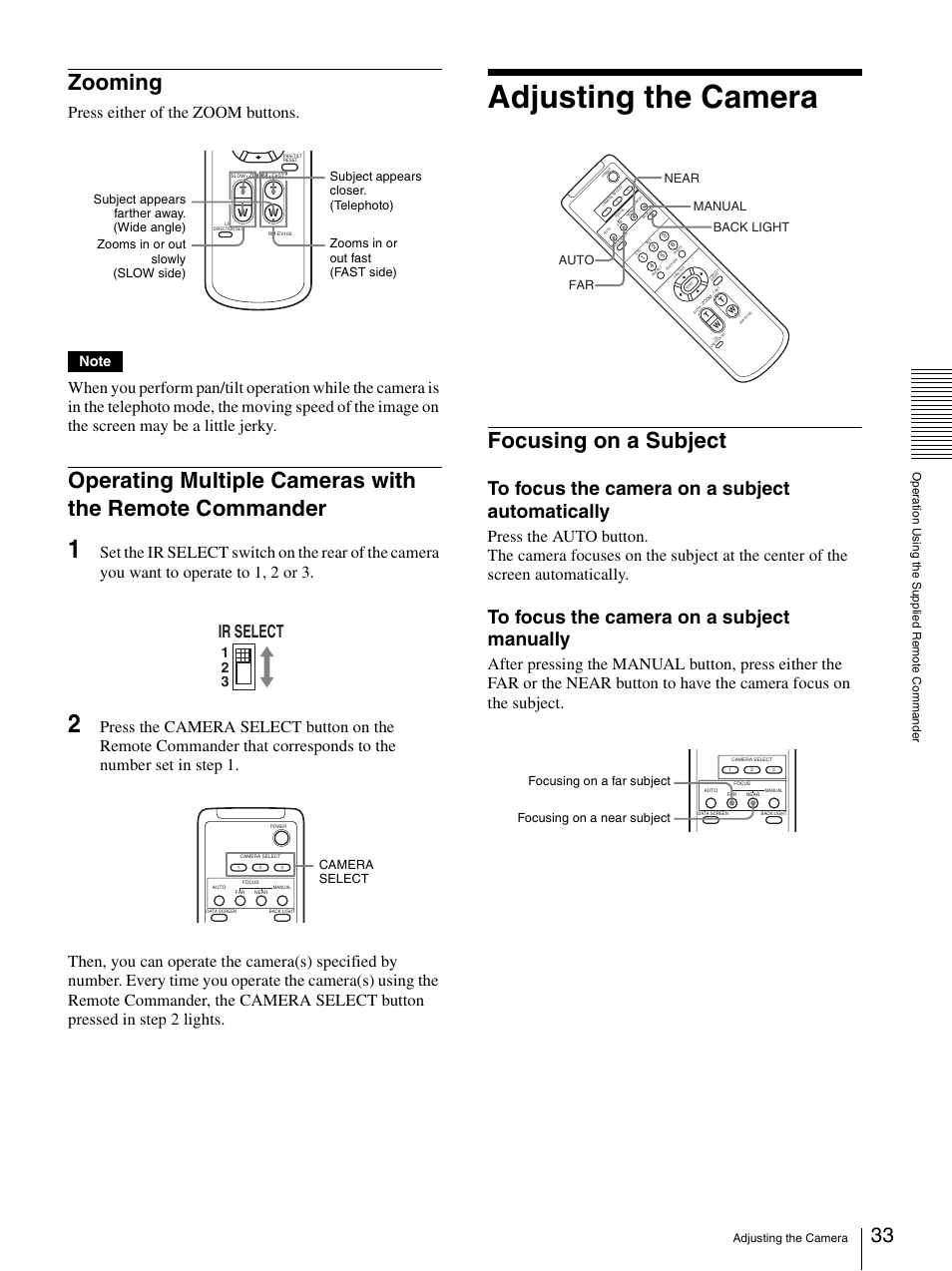Zooming, Adjusting the camera, Focusing on a subject | Zooming operating multiple cameras with the remote, Commander, Ir select, Press either of the zoom buttons, Camera select, Auto far near back light manual | Sony BRC-Z330 User Manual | Page 33 / 73