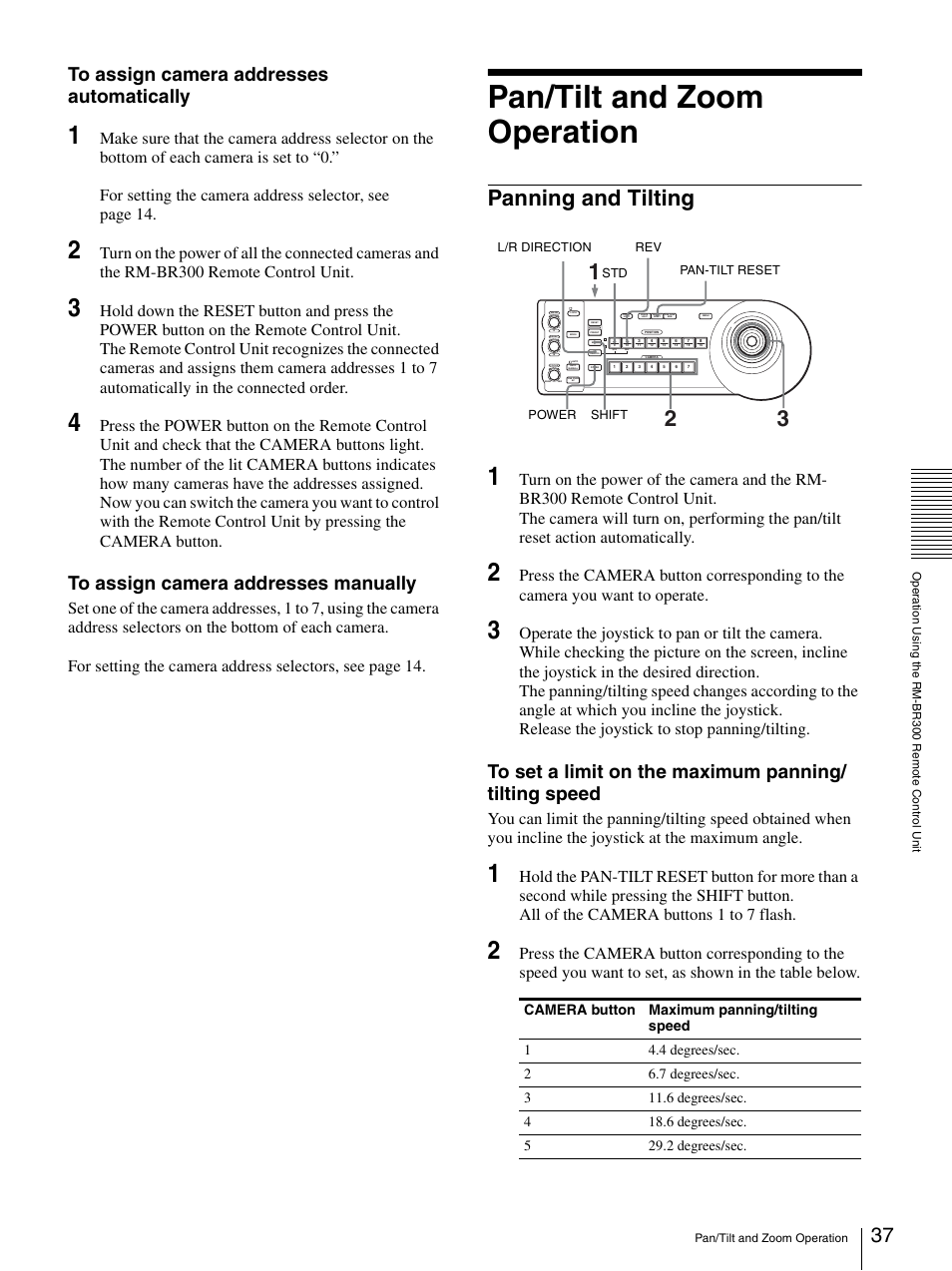Pan/tilt and zoom operation, Panning and tilting | Sony BRC-Z330 User Manual | Page 37 / 73