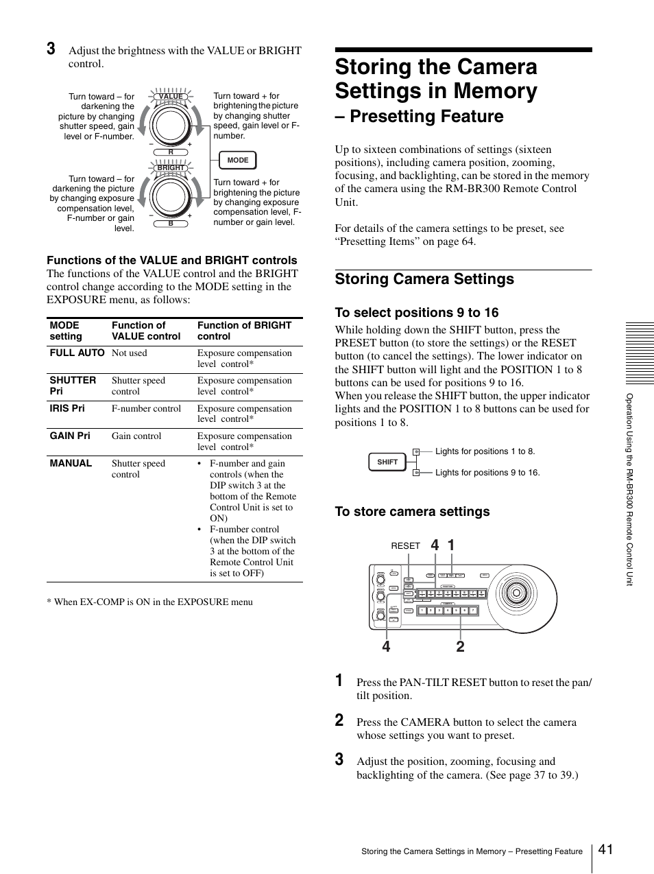 Storing camera settings, Presetting feature, When ex-comp is on in the exposure menu | Sony BRC-Z330 User Manual | Page 41 / 73