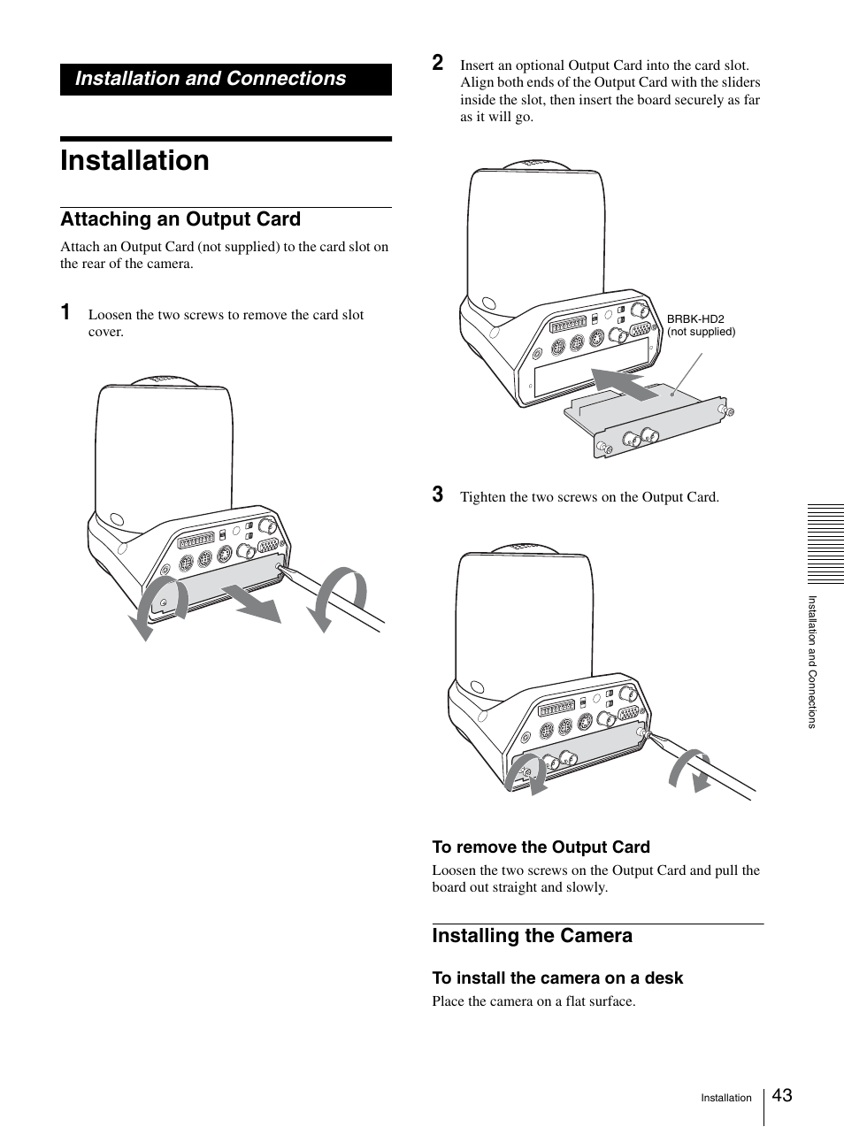 Installation and connections, Installation, Attaching an output card | Installing the camera, Attaching an output card installing the camera | Sony BRC-Z330 User Manual | Page 43 / 73