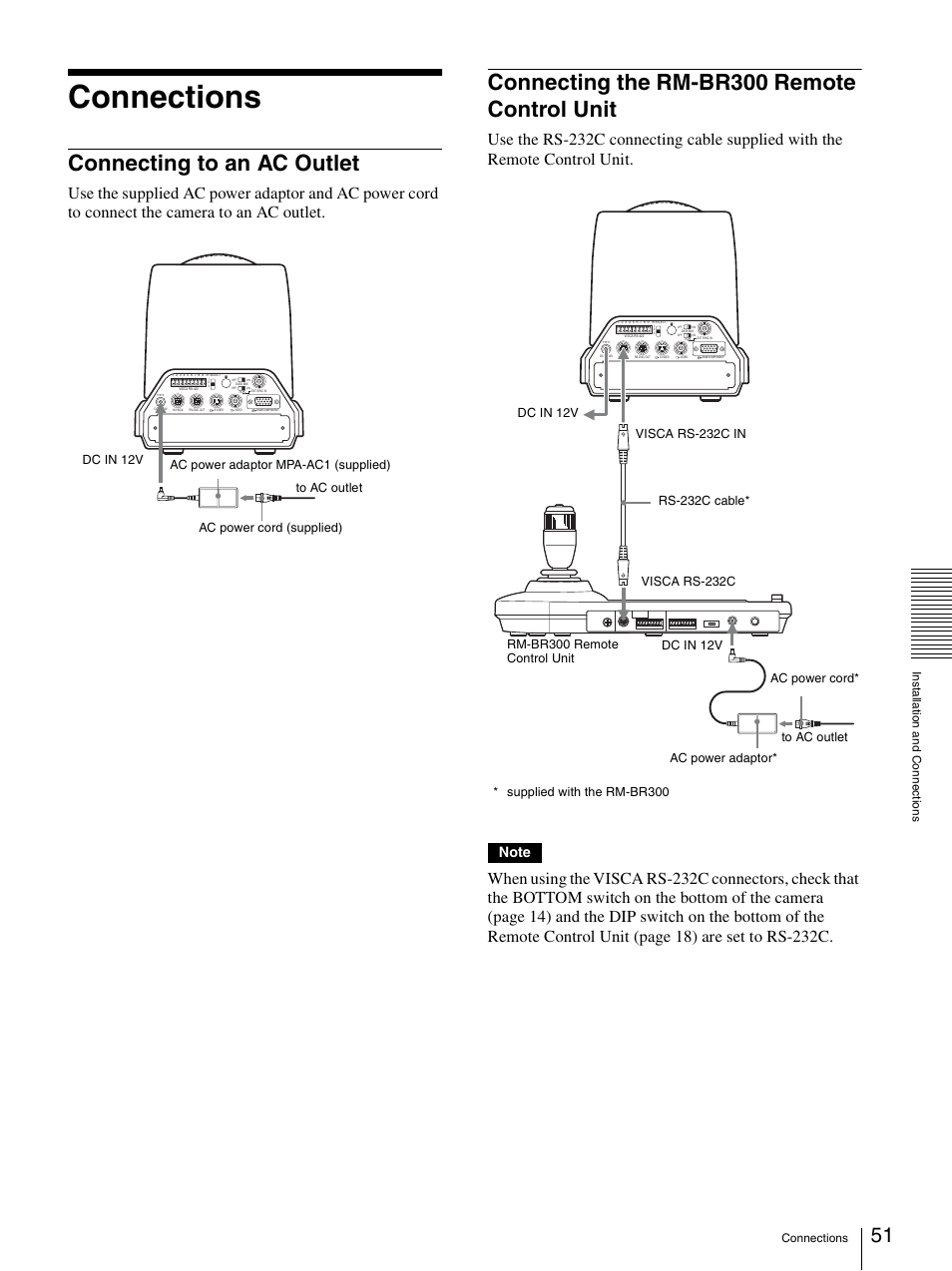 Connections, Connecting to an ac outlet, Connecting the rm-br300 remote control unit | Unit | Sony BRC-Z330 User Manual | Page 51 / 73