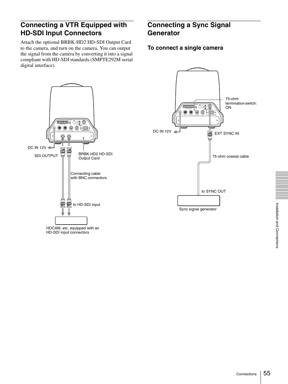 Connecting a sync signal generator, Connecting a vtr equipped with hd-sdi input, Connectors | Sony BRC-Z330 User Manual | Page 55 / 73