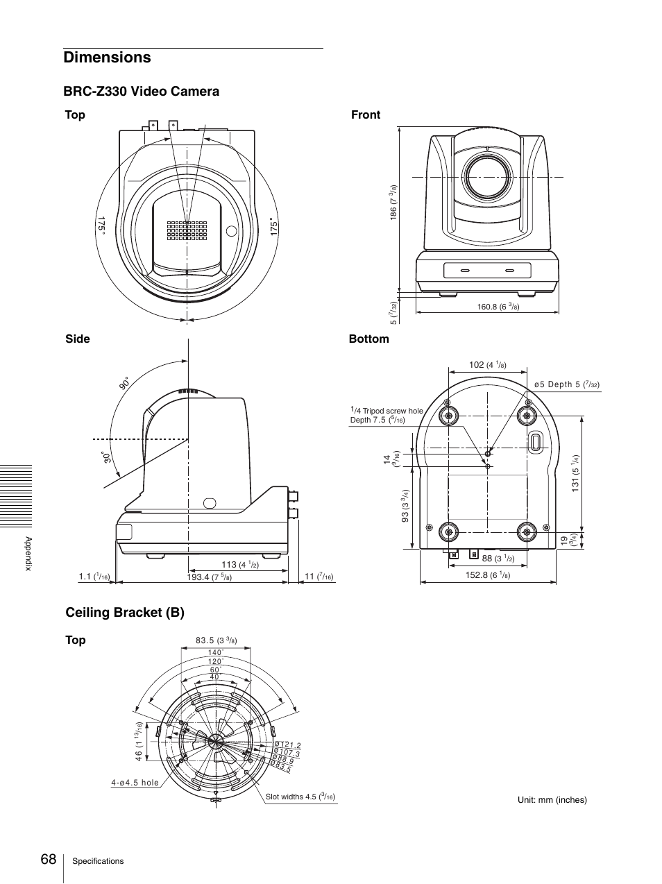 Dimensions, Brc-z330 video camera, Ceiling bracket (b) | Front bottom side top | Sony BRC-Z330 User Manual | Page 68 / 73