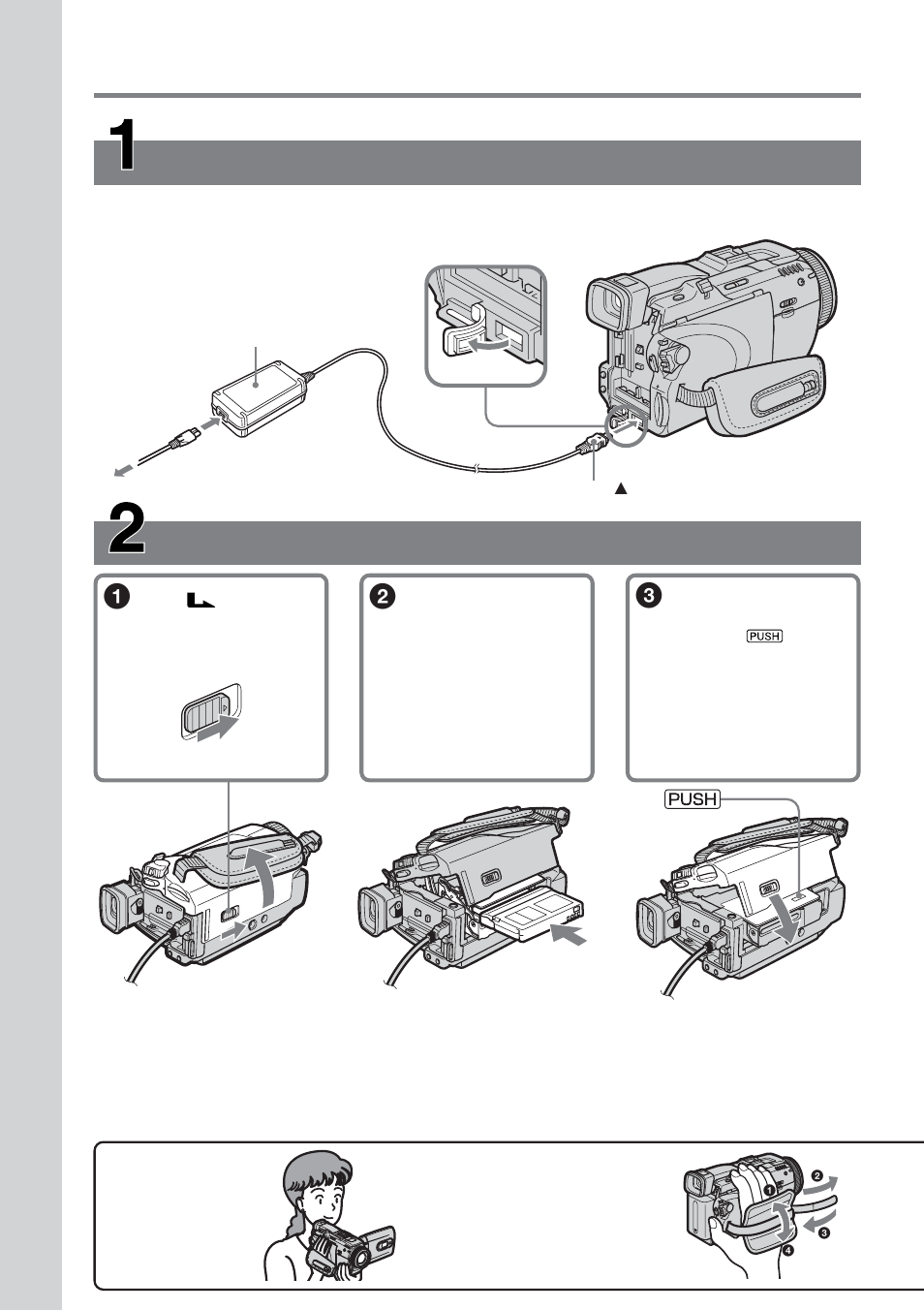Quick start guide – recording on tape, Connecting the power cord, Inserting the cassette 1 | Sony TRV80 User Manual | Page 8 / 220