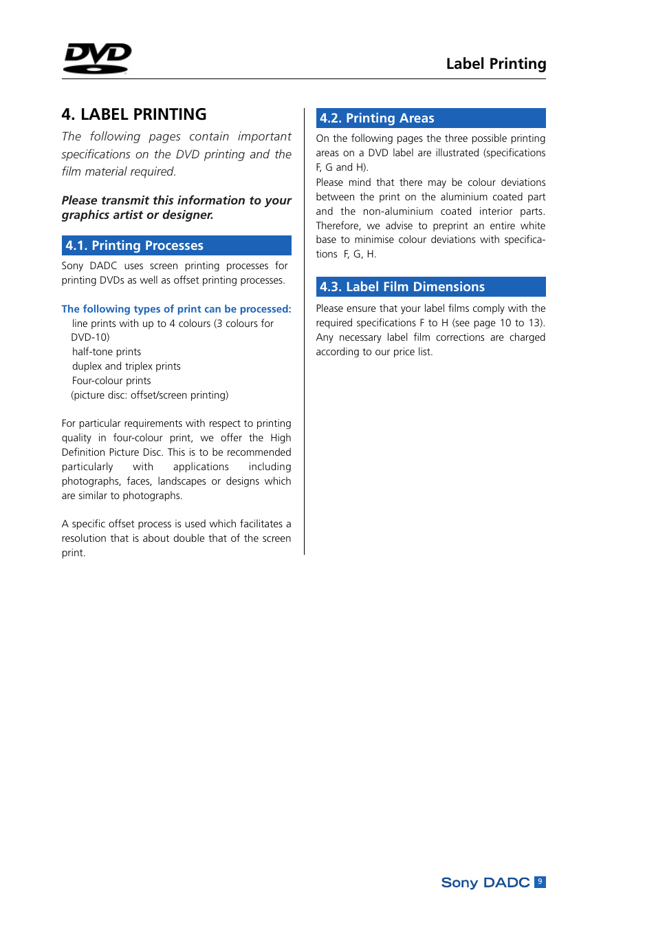 Label printing, Printing processes, Printing areas | Label film dimensions | Sony DADC User Manual | Page 11 / 48