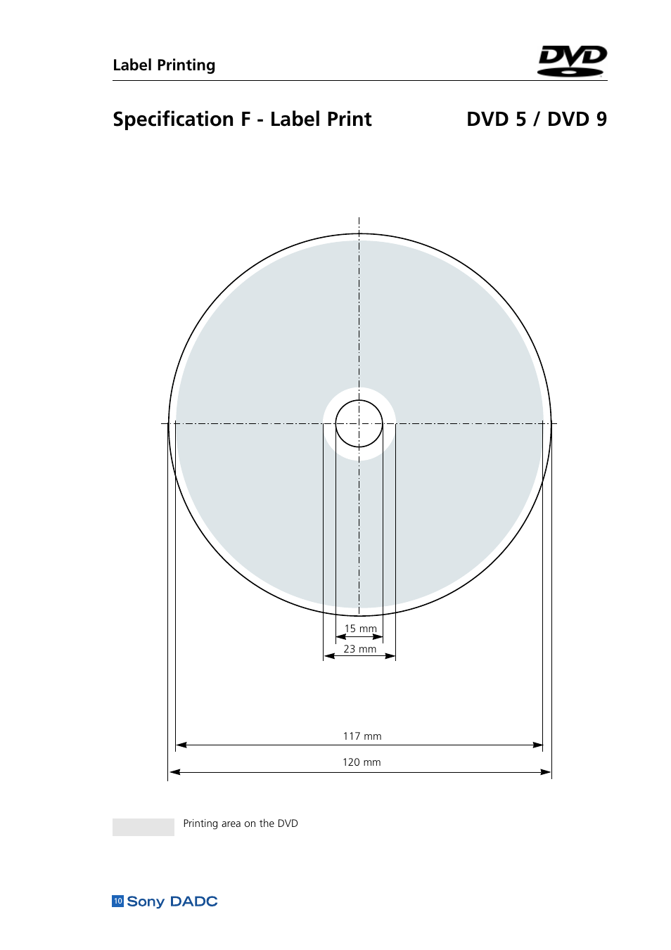 Specification f - label print dvd 5 / dvd 9, Label printing | Sony DADC User Manual | Page 12 / 48