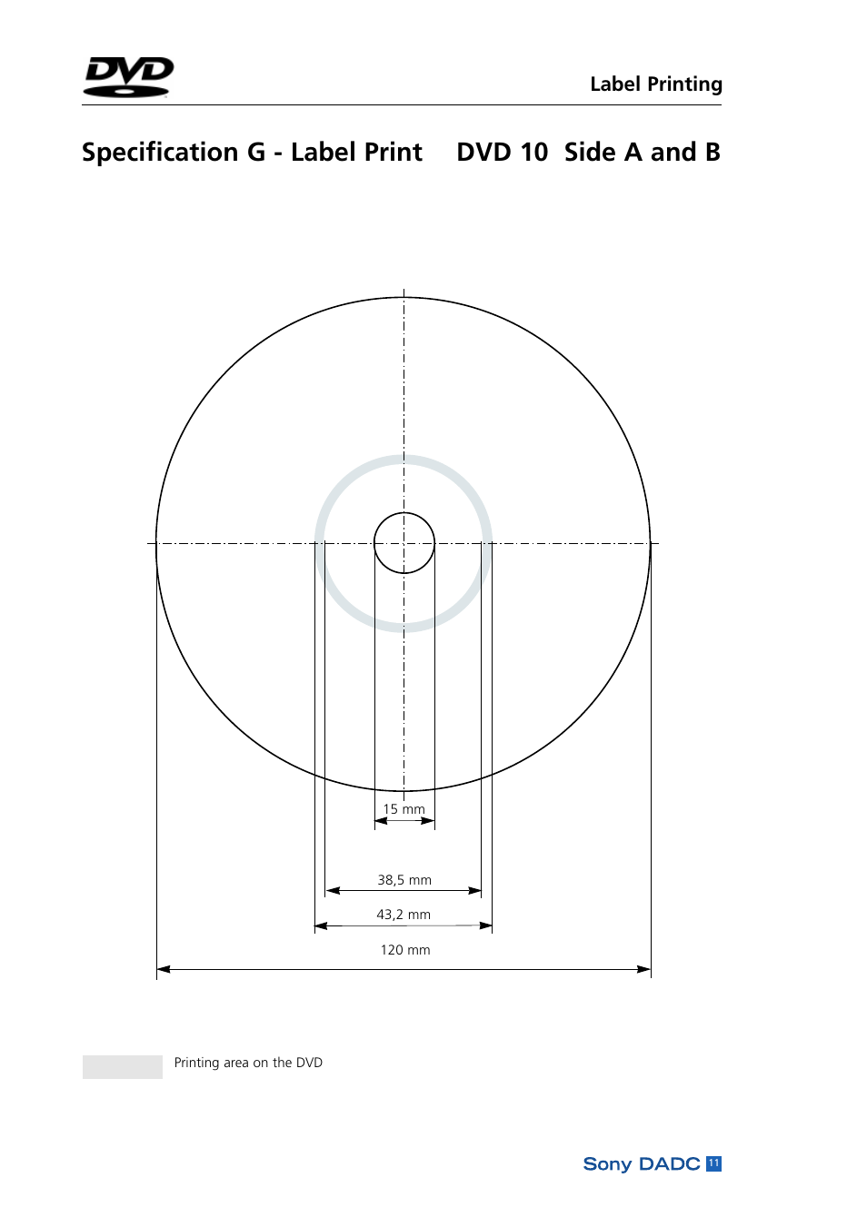 Specification g - label print dvd 10 side a and b, Label printing | Sony DADC User Manual | Page 13 / 48