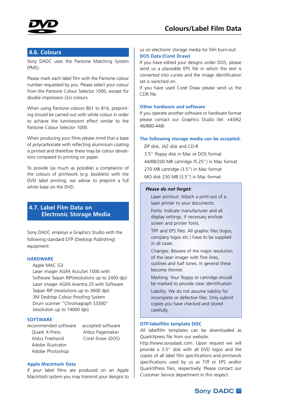 Colours, Label film data via electronic storage media, Colours/label film data | Label film data on electronic storage media | Sony DADC User Manual | Page 19 / 48