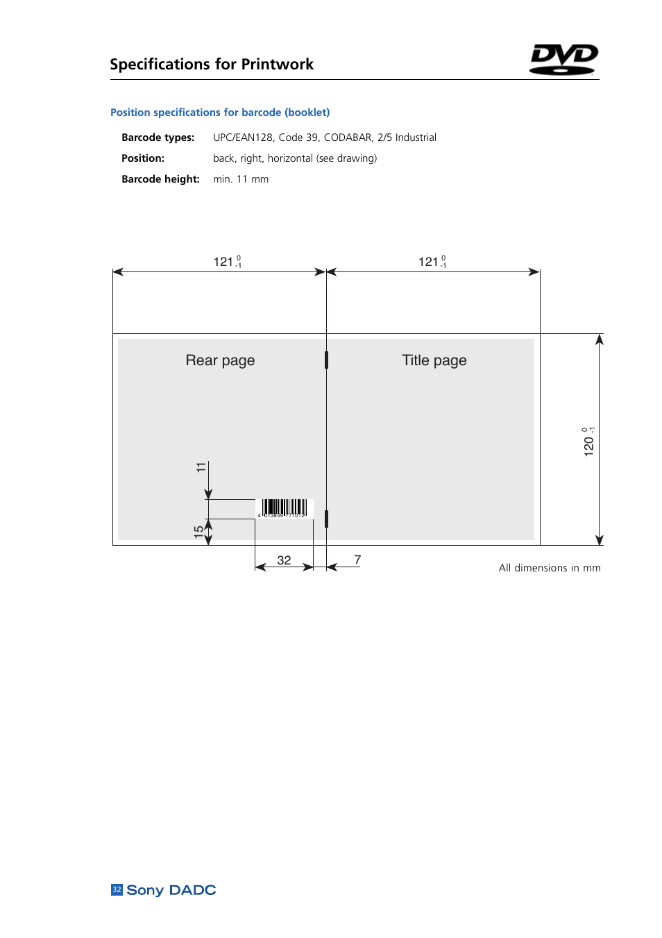 Specifications for printwork, Rear page, Title page | Sony DADC User Manual | Page 34 / 48