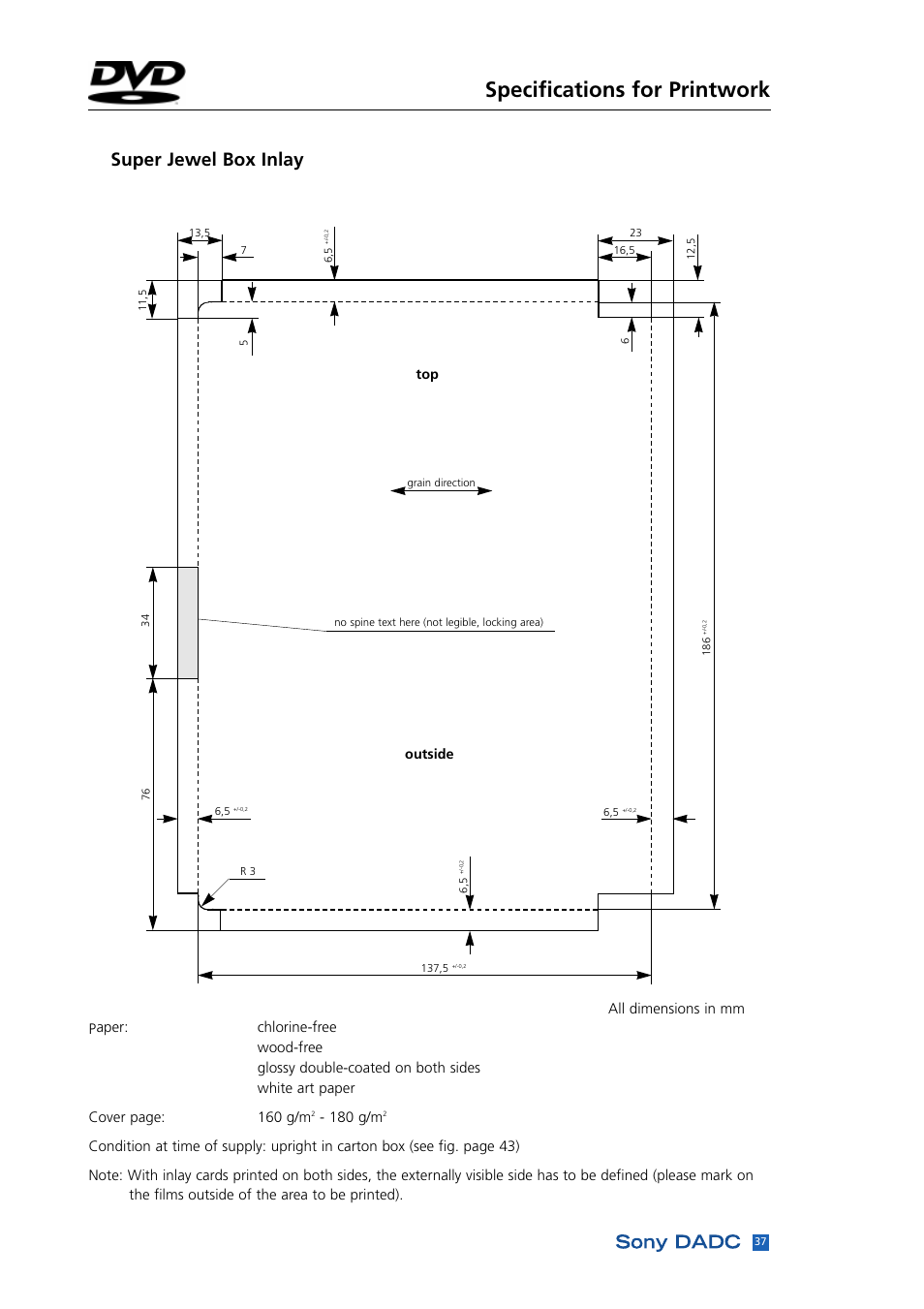 Specifications for printwork, Super jewel box inlay | Sony DADC User Manual | Page 39 / 48