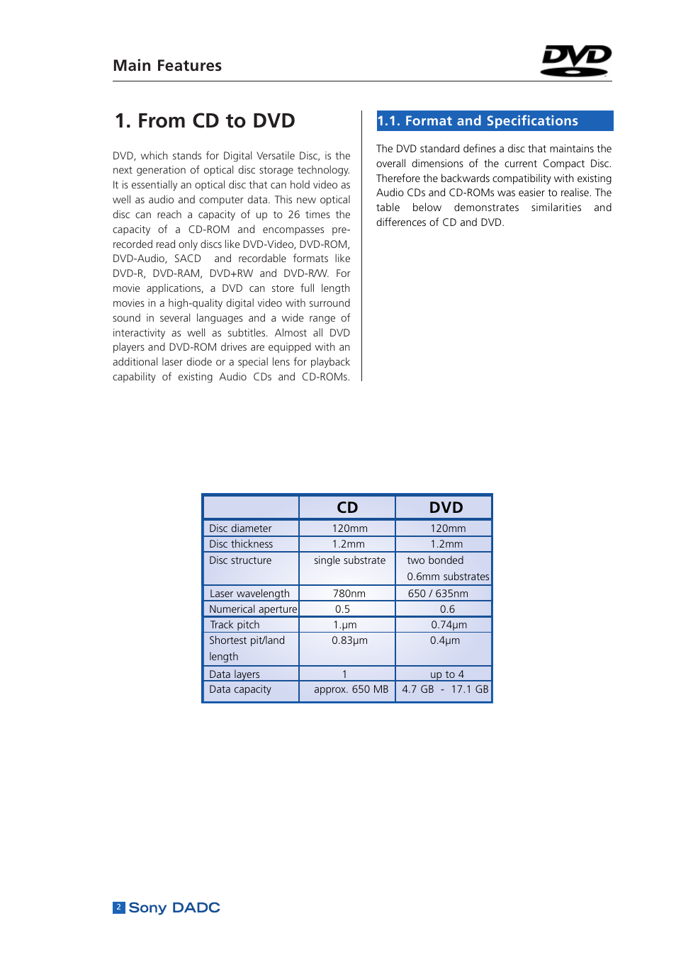 From cd to dvd, Format and specifications, Main features | Cd dvd | Sony DADC User Manual | Page 4 / 48