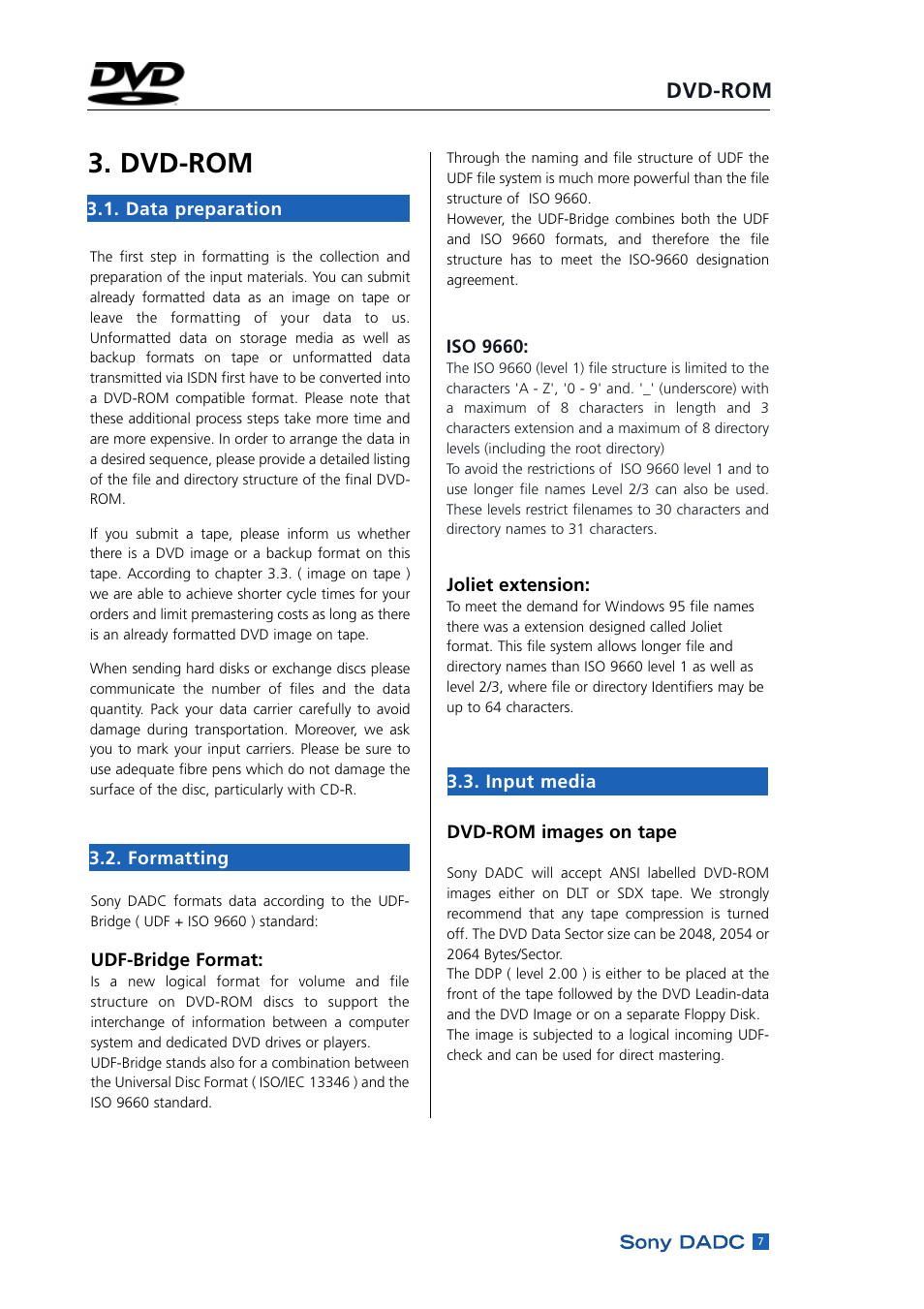 Dvd-rom, Data preparation, Formatting | Input media | Sony DADC User Manual | Page 9 / 48