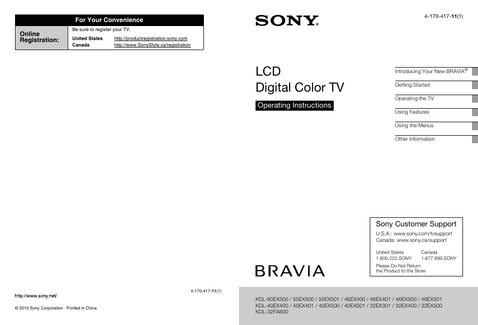 Sony BRAVIA KDL-32EX301 User Manual | 59 pages