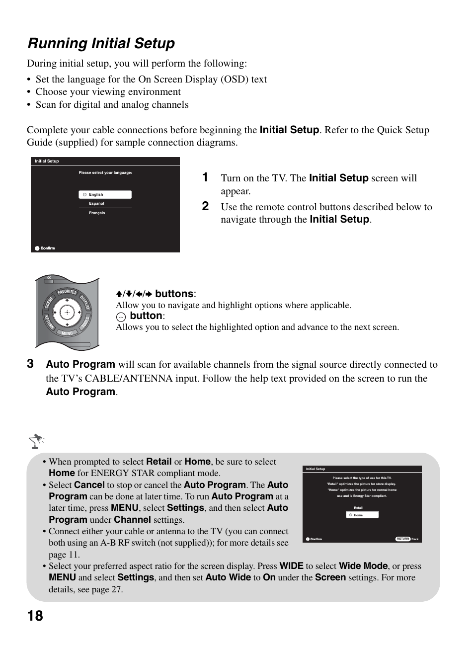 Running initial setup, 18 running initial setup, Button | Sony BRAVIA KDL-32EX301 User Manual | Page 18 / 59