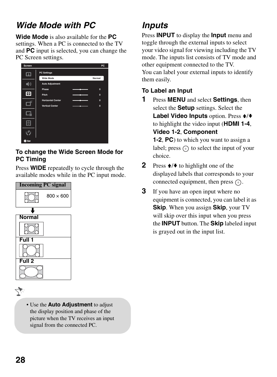 Wide mode with pc, Inputs, 28 wide mode with pc | Sony BRAVIA KDL-32EX301 User Manual | Page 28 / 59