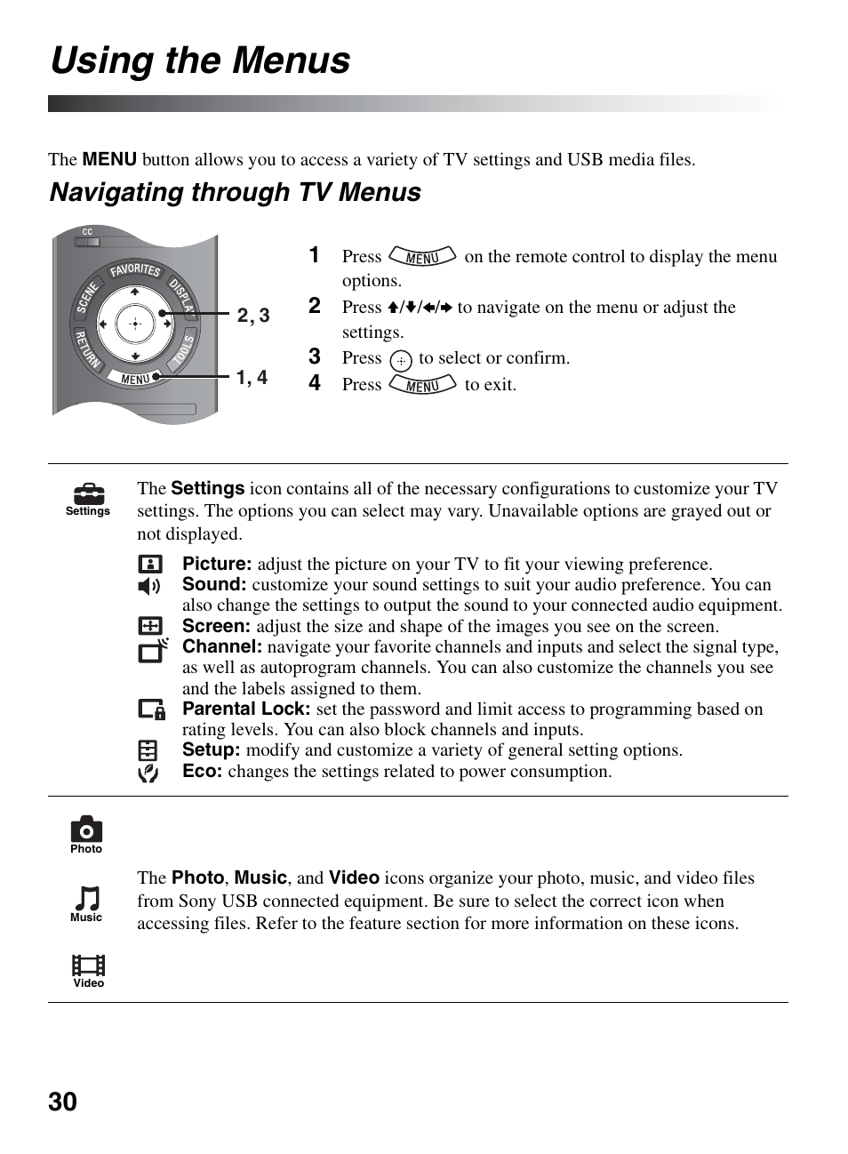 Using the menus, Navigating through tv menus | Sony BRAVIA KDL-32EX301 User Manual | Page 30 / 59