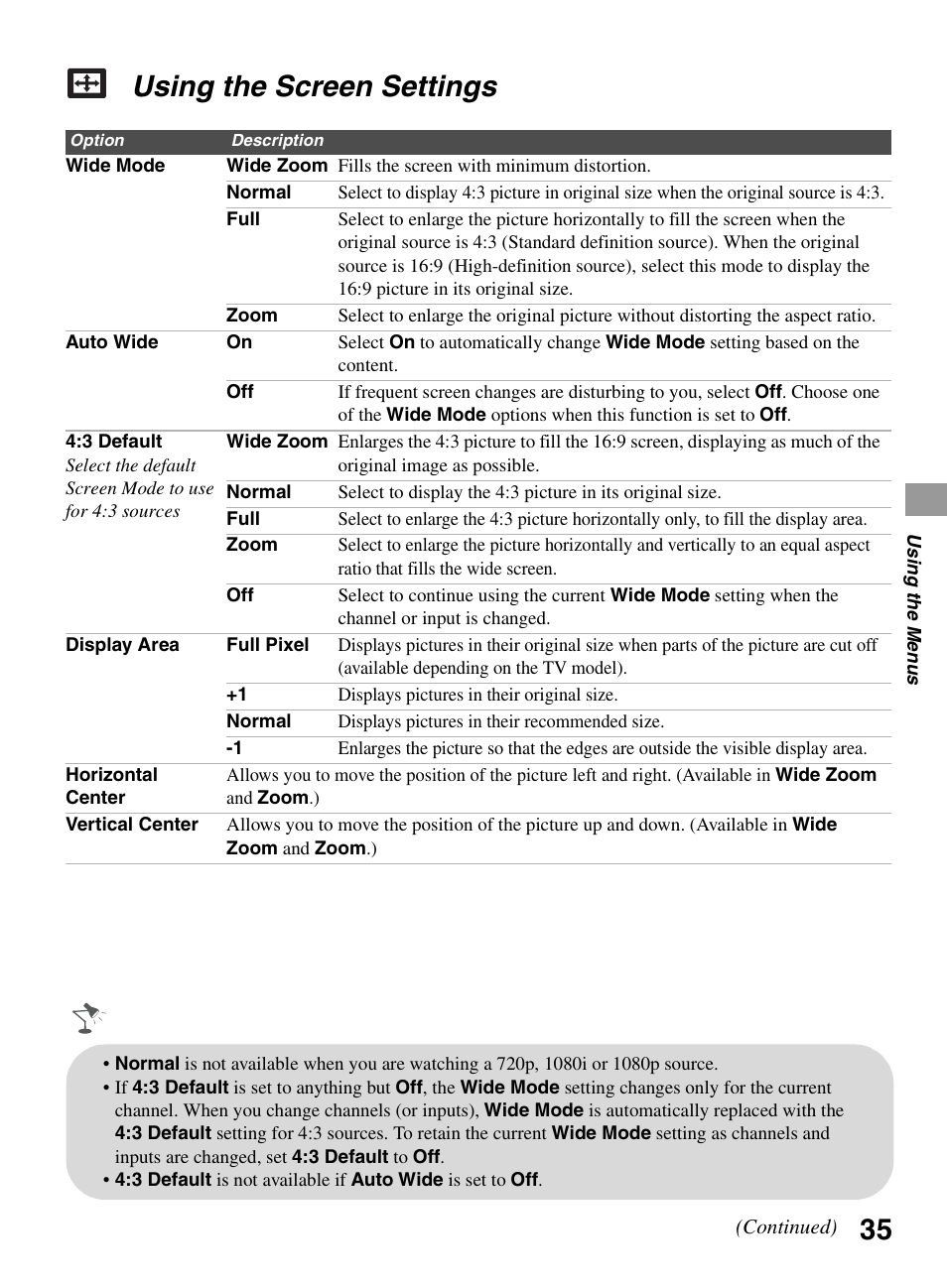 Using the screen settings | Sony BRAVIA KDL-32EX301 User Manual | Page 35 / 59