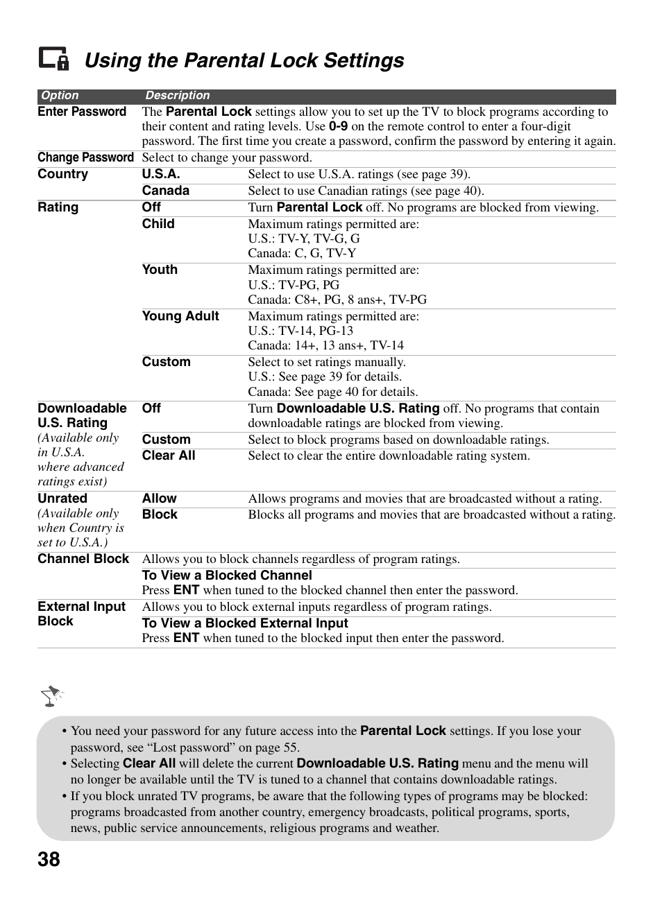 Using the parental lock settings, 38 using the parental lock settings | Sony BRAVIA KDL-32EX301 User Manual | Page 38 / 59