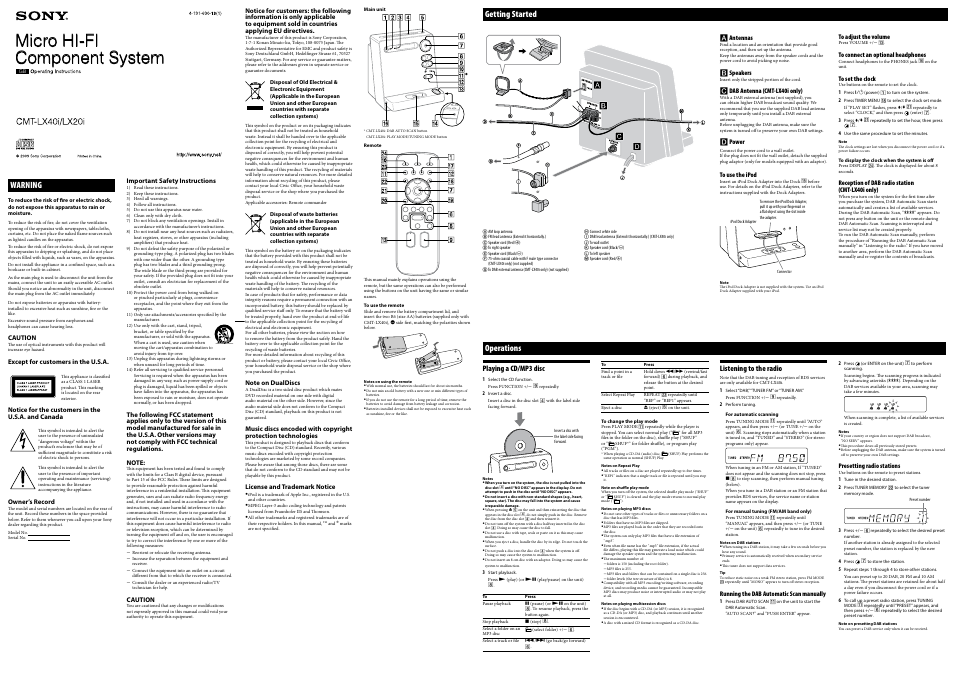 Sony CMT-LX40I User Manual | 2 pages