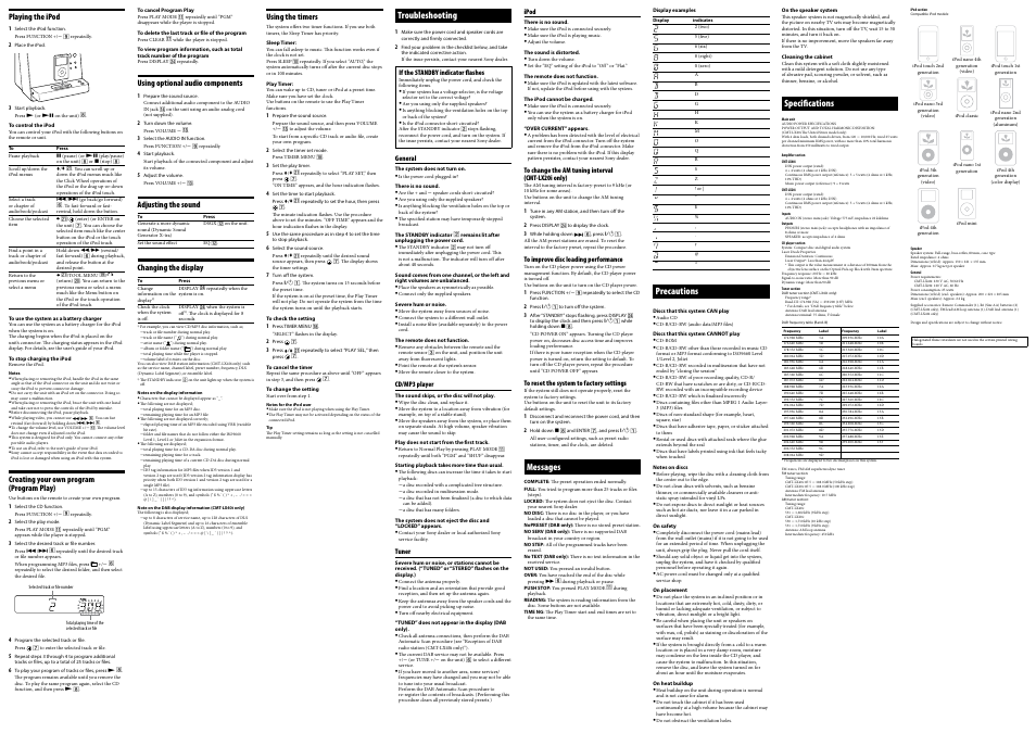 Messages, Precautions, Specifications | Troubleshooting | Sony CMT-LX40I User Manual | Page 2 / 2