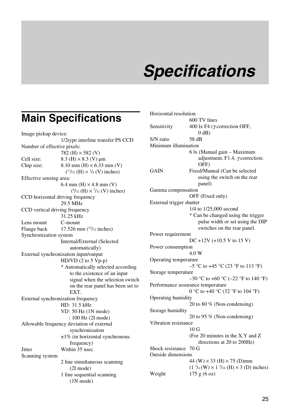 Specifications, Main specifications | Sony XC-HR300 User Manual | Page 25 / 31