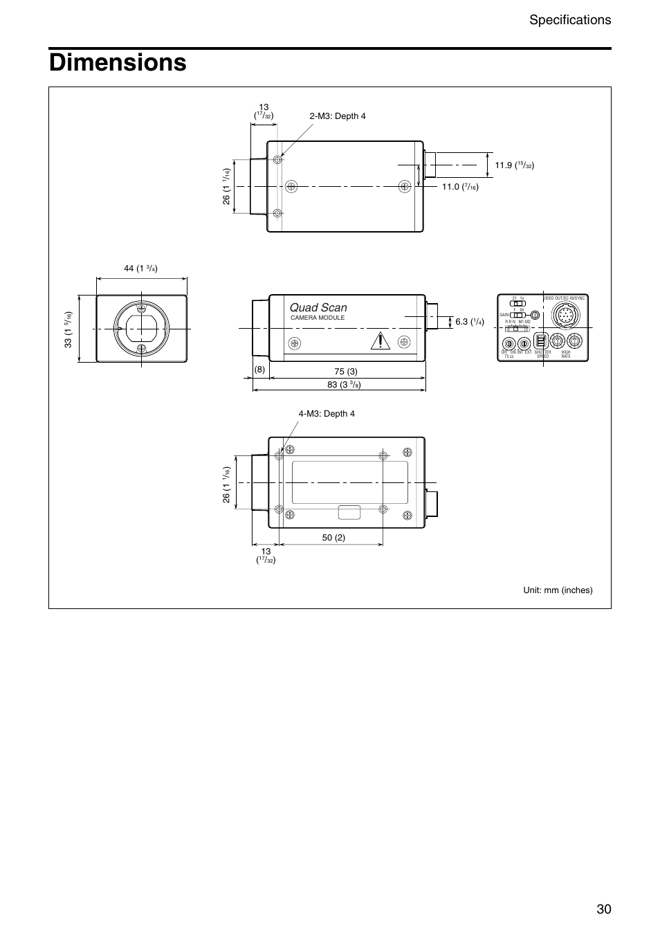 Dimensions, 30 specifications, Quad scan | Sony XC-HR300 User Manual | Page 30 / 31