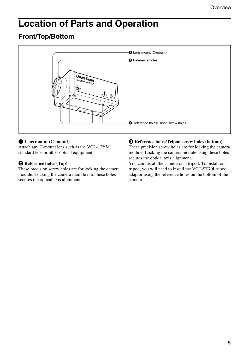 Location of parts and operation, Front/top/bottom | Sony XC-HR300 User Manual | Page 5 / 31