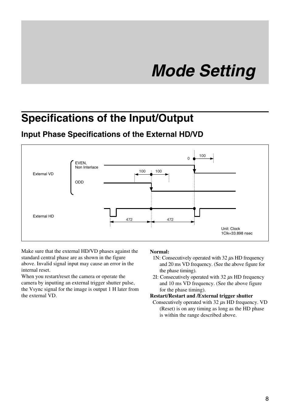 Mode setting, Specifications of the input/output, Input phase specifications of the external hd/vd | Sony XC-HR300 User Manual | Page 8 / 31