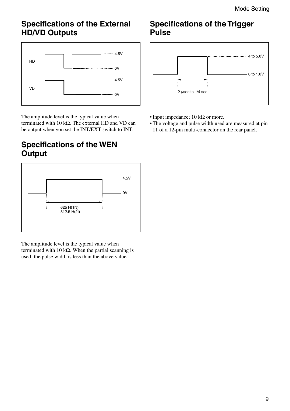 Specifications of the external hd and vd outputs, Specifications of the wen output, Specifications of the trigger pulse | Specifications of the external hd/vd outputs | Sony XC-HR300 User Manual | Page 9 / 31