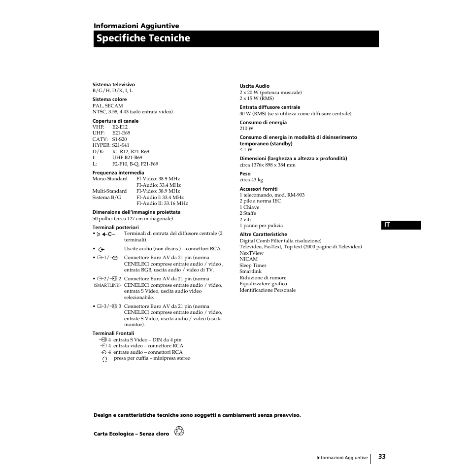 Specifiche tecniche | Sony Grand Wega KF-50SX100 User Manual | Page 100 / 230