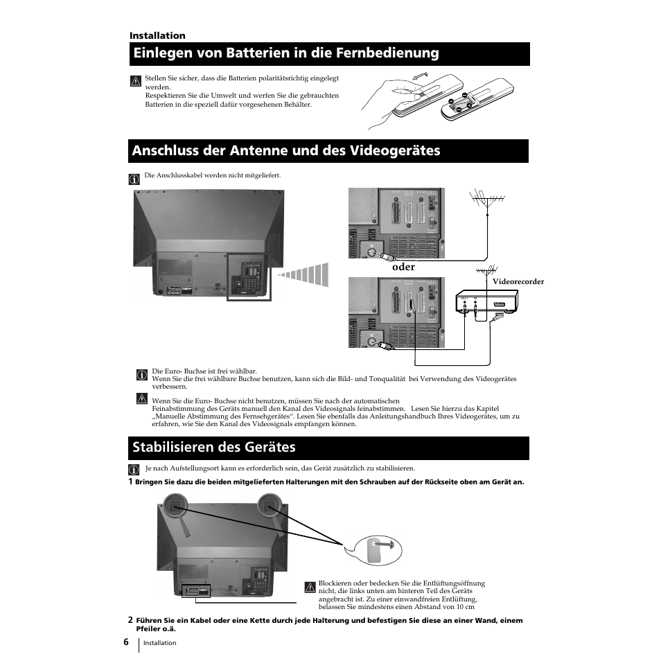 Einlegen von batterien in die fernbedienung, Anschluss der antenne und des videogerätes, Stabilisieren des gerätes the set | Sony Grand Wega KF-50SX100 User Manual | Page 105 / 230