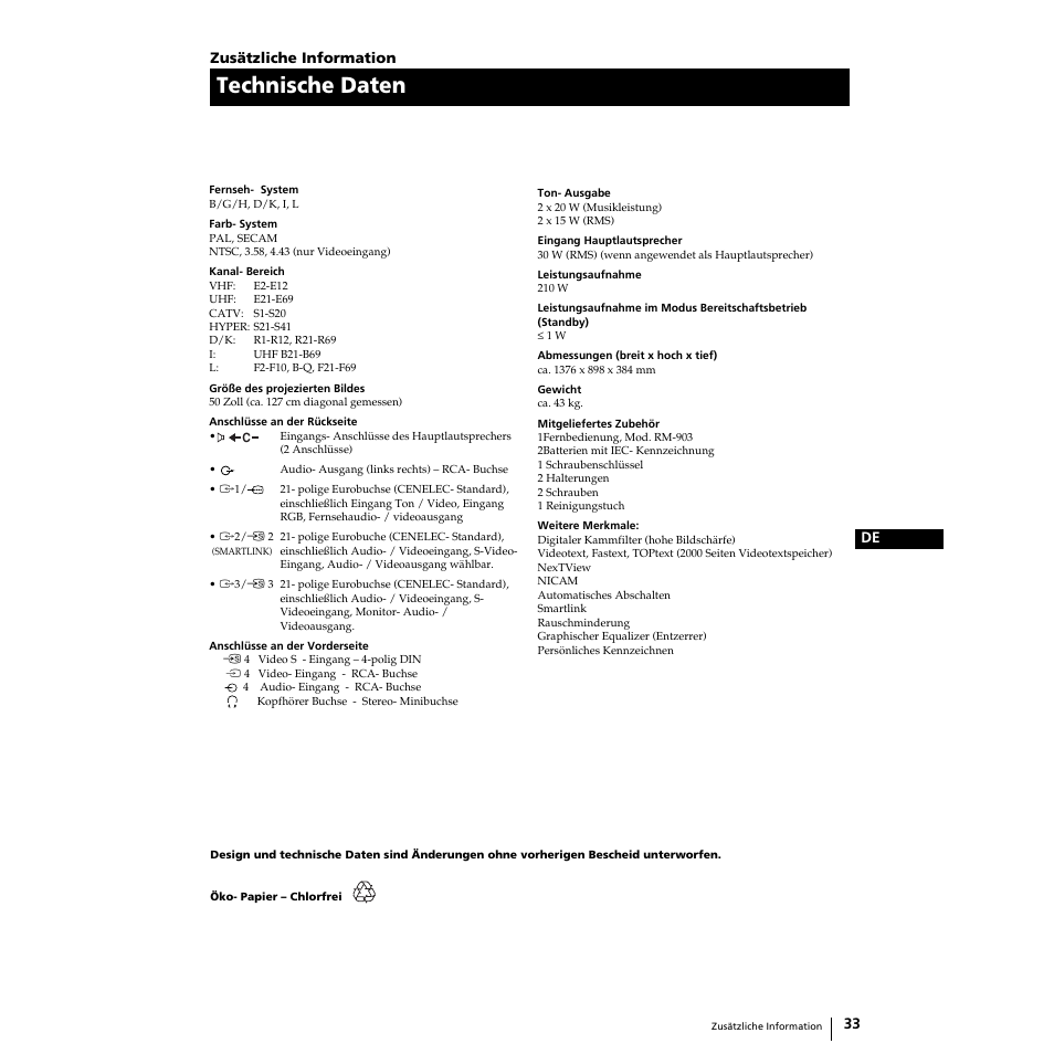 Technische daten | Sony Grand Wega KF-50SX100 User Manual | Page 132 / 230